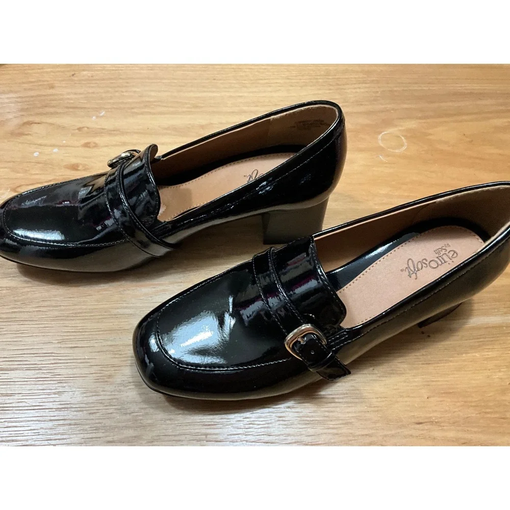 EuroSoft by Sofft Pearl Black Patent Block Heel Loafers Square Toe Pumps 10M